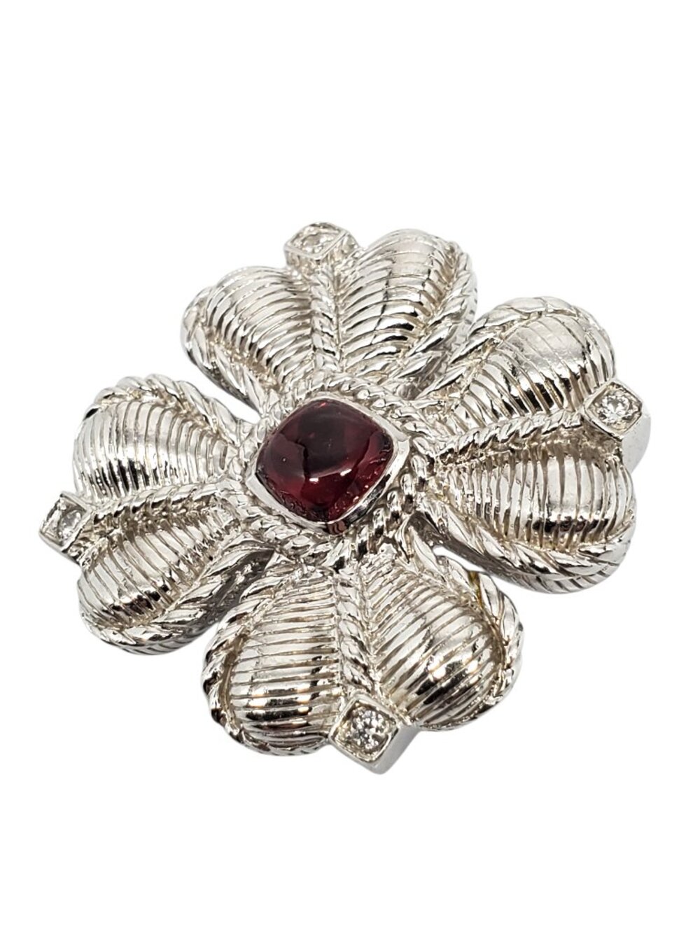 Judith Ripka Sterling Silver Red Stone CZ Clover Brooch Pendant #23961